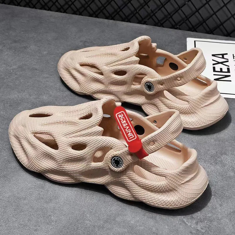 Korean style grey EVA closed-toe coconut slippers on a sandy beach background.