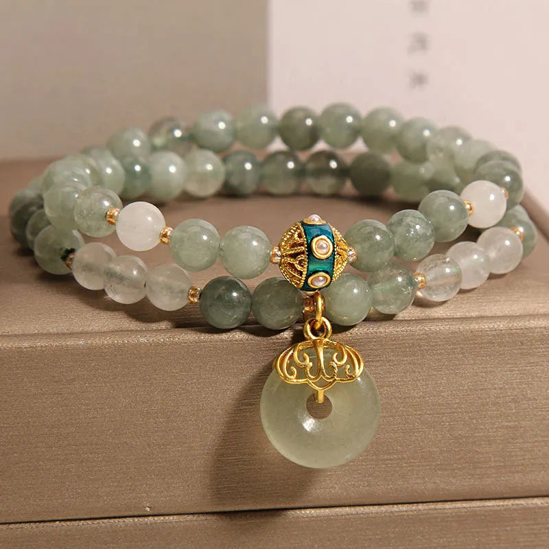 Double-layer women's bracelet with aventurine jade, crystal, rhinestones, and peace buckle in emerald green
