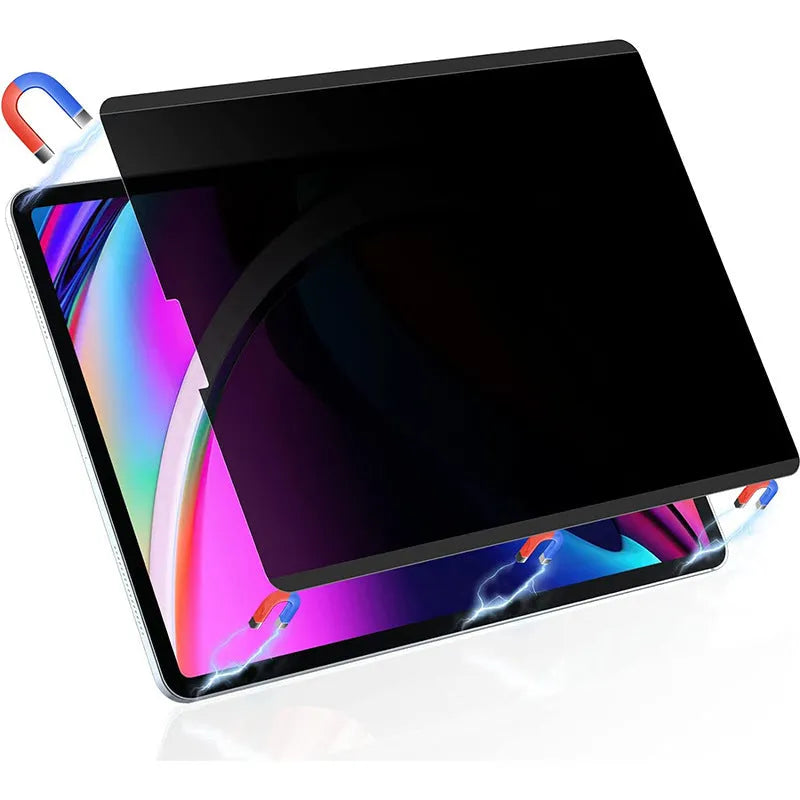 Magnetic suction privacy screen protector film for iPad with paper-like finish and storage clip.