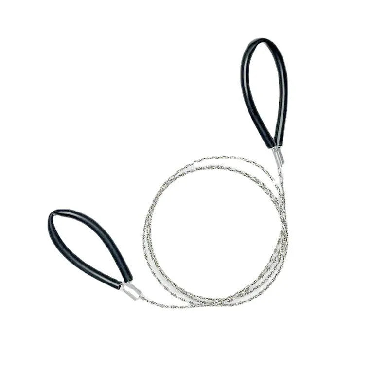 Black and red portable steel wire survival saw with leather carrying case, shown extended to its 70cm length.