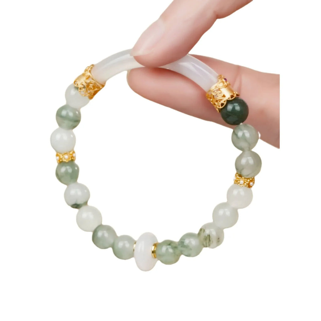 Emerald green Tian Shan Cui half bracelet with floating flower design for women