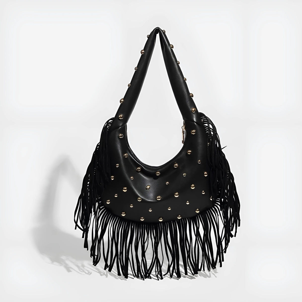 Retro black shoulder handbag with tassel detail showing interior mobile phone compartment and polyester lining