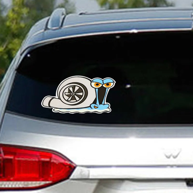 Cartoon snail design reflective sticker for car bumper, size 12cm by 8cm.
