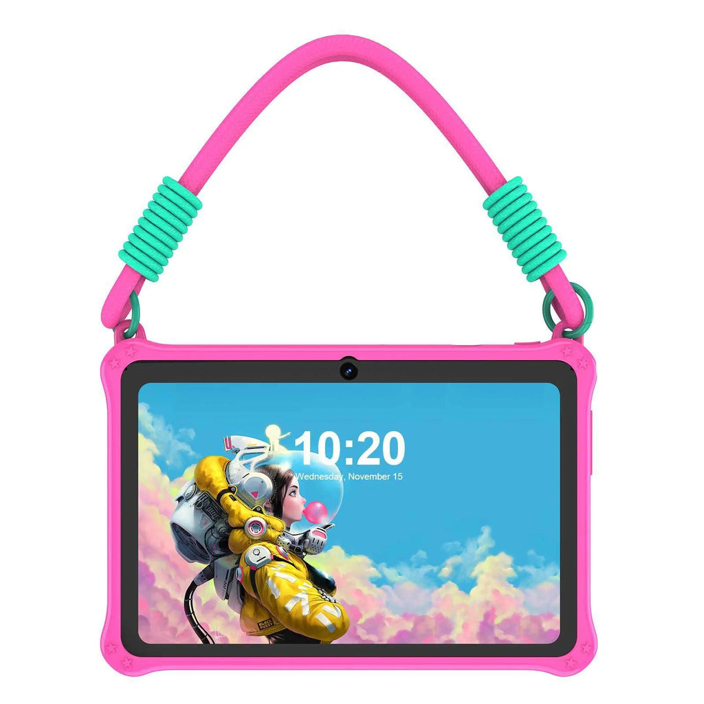 Dark pink silicone protective case with strap for a 7-inch children's tablet lying flat.