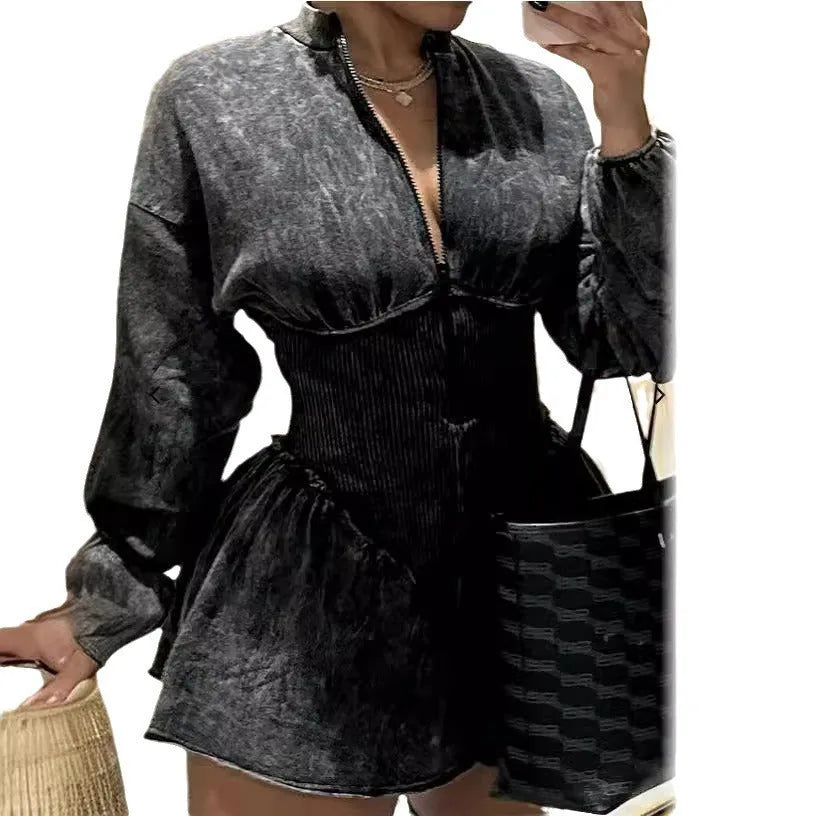 Gray slim-fit A-line dress with drawstring waist, long sleeves, and digital printing.