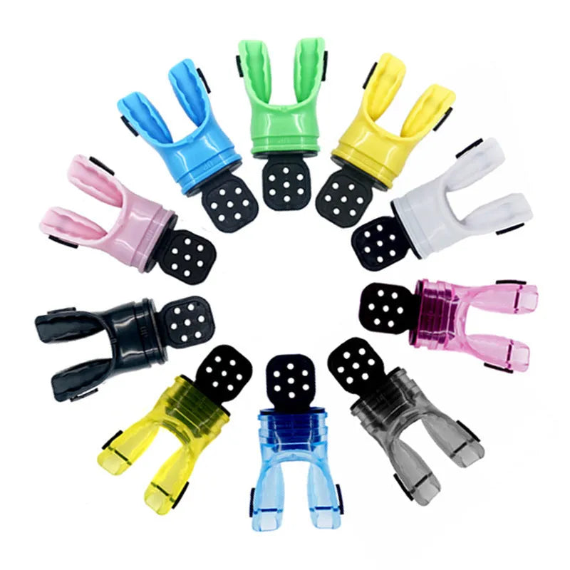 110mm long edible silicone diving mouthpiece in various colours including black, blue, green, pink, white, and yellow