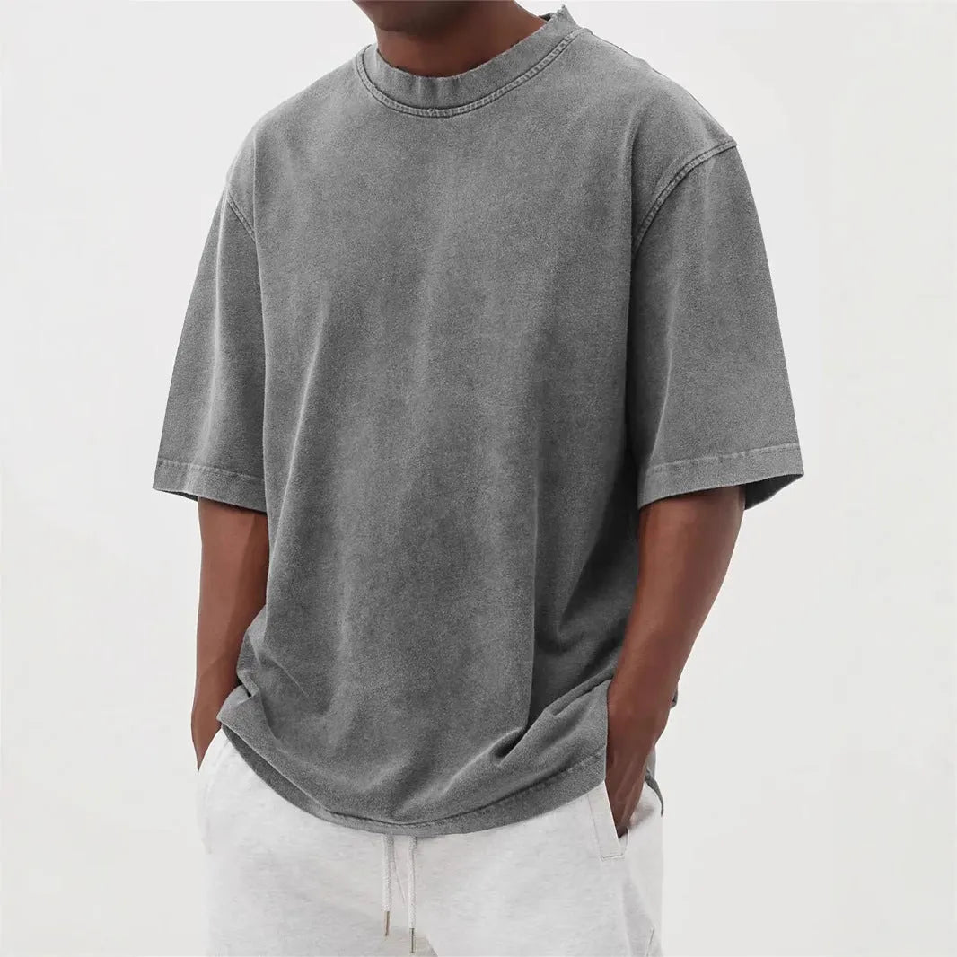 Men's stone washed polyester pullover t-shirt with distressed design in multiple colour options