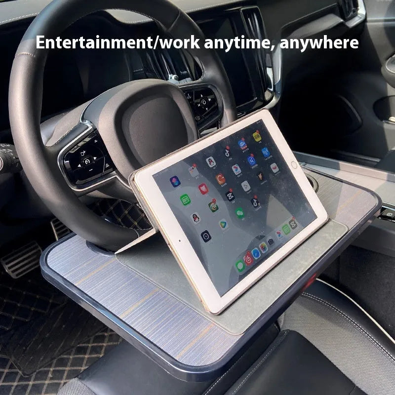 ABS plastic car steering wheel laptop stand with foldable drink holder in black finish