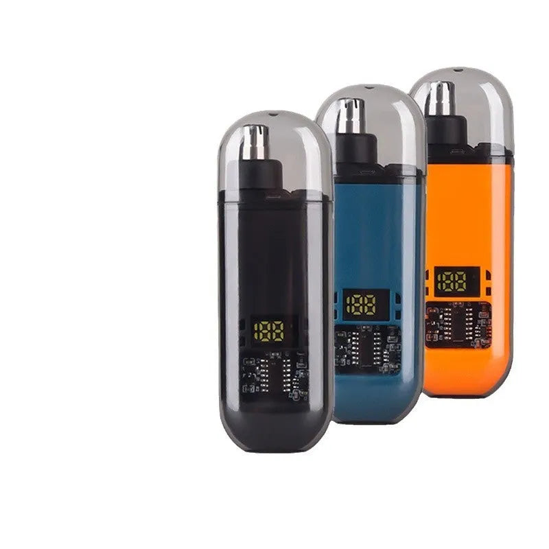 Rechargeable nose hair trimmer with digital display, removable cutter head, and cleaning brush on a white background.