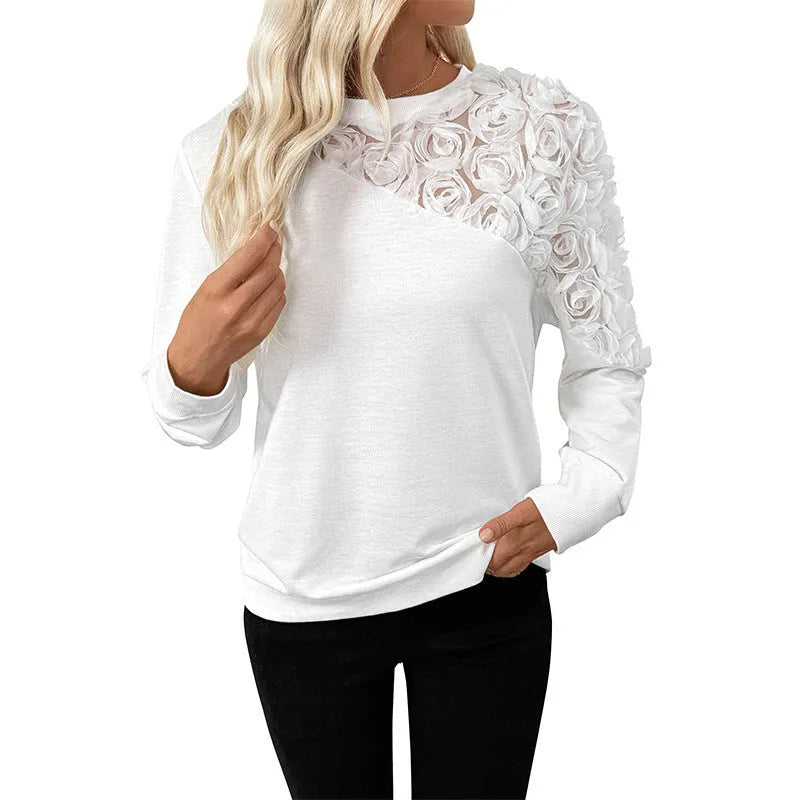 White floral print loose fit long sleeve women's top with regular sleeves
