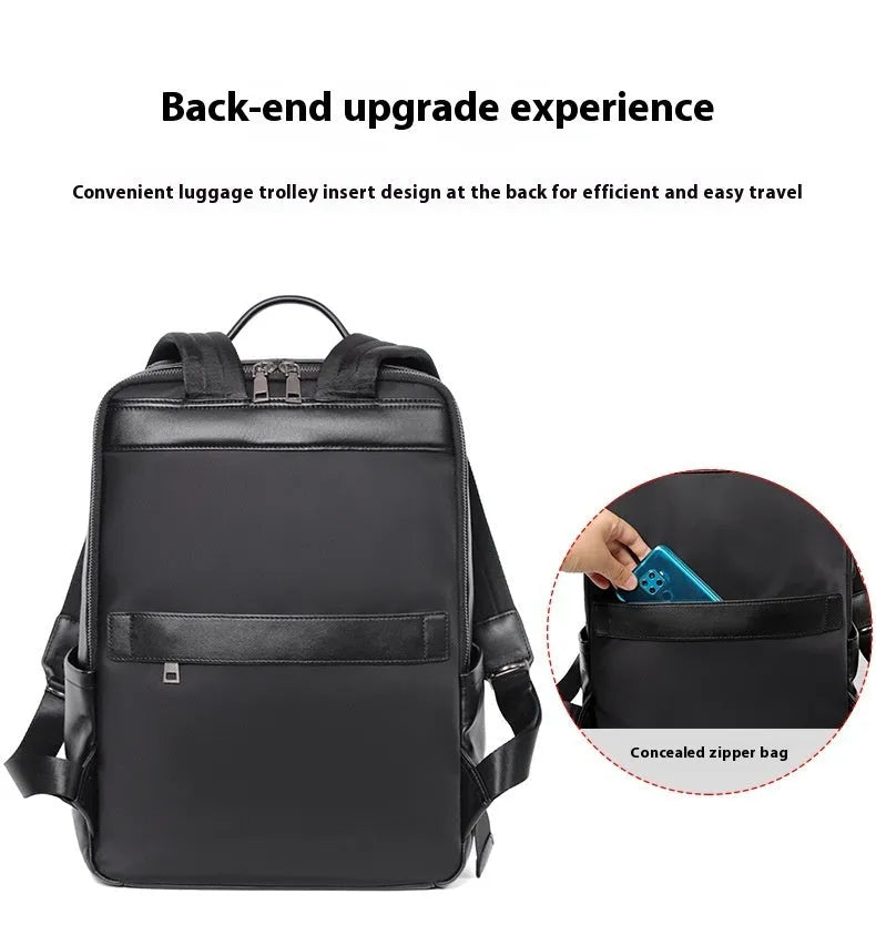 Black leather computer backpack with woven detailing and 36-55L capacity for business commute