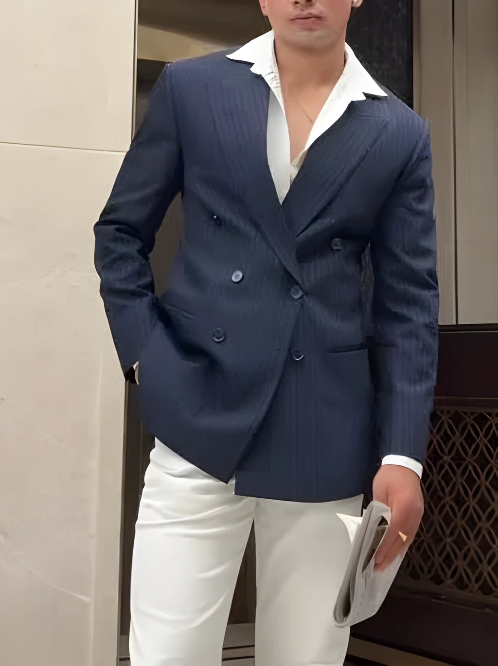 Men's striped double breasted blazer jacket in regular fit polyester fabric