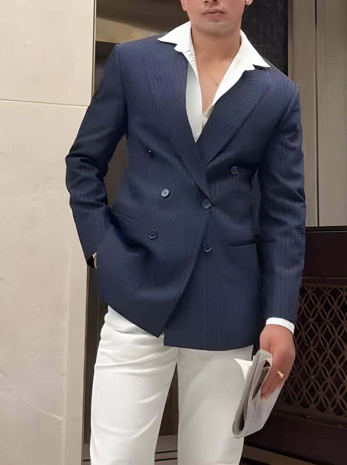 Men's striped double breasted blazer jacket in regular fit polyester fabric