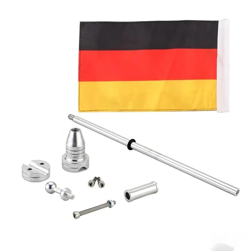 Silver electroplated motorcycle flagpole mounted on a black tail box.