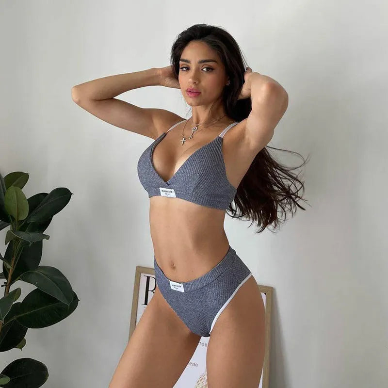 Women's embroidered bikini set with contrast binding in black, grey, or white