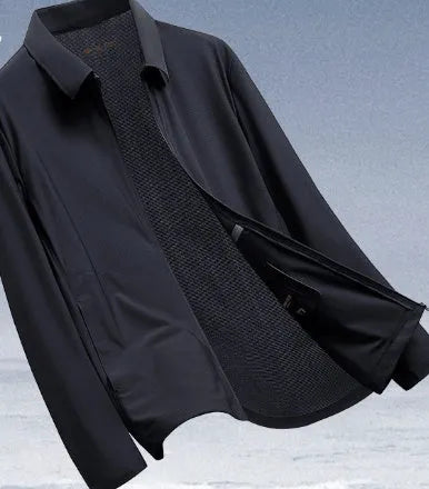 Men's navy blue business shirt with summer lapel, polyamide and spandex fabric, professional office wear