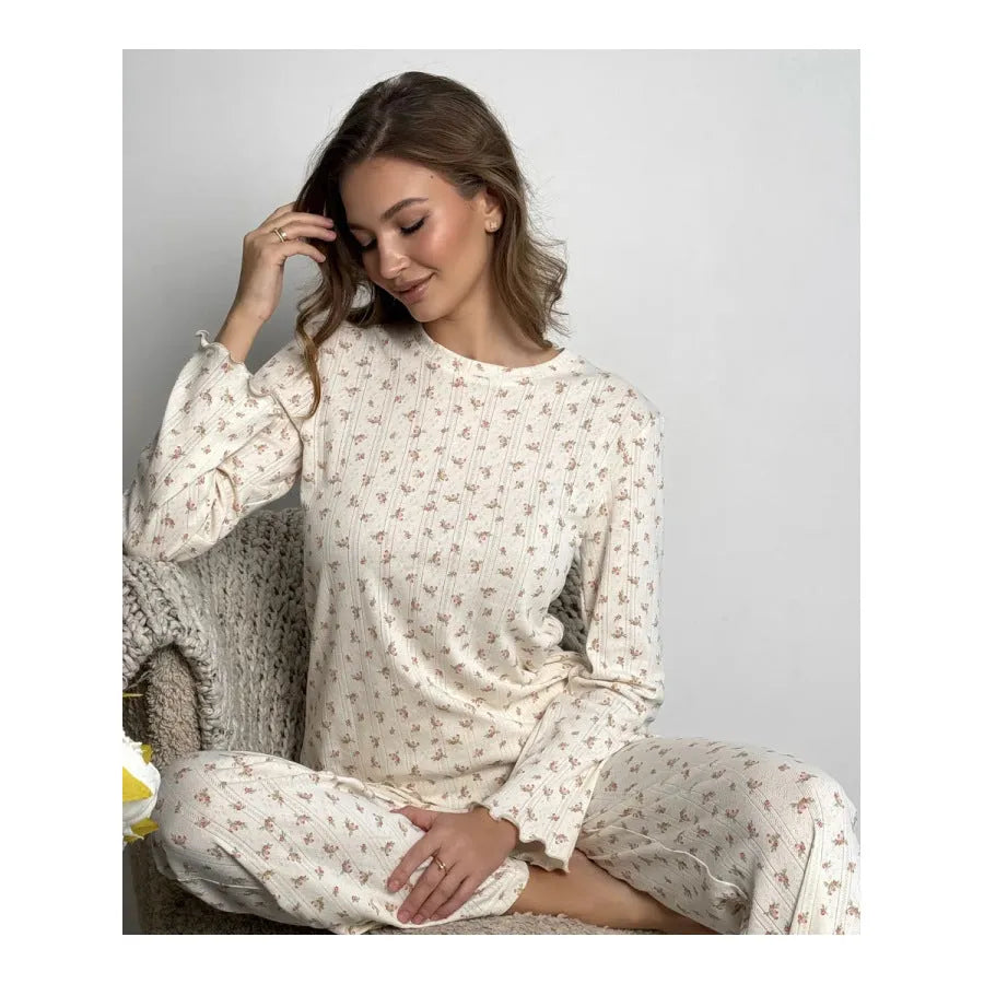 Women's white floral print bell sleeve top and wide leg trousers casual suit