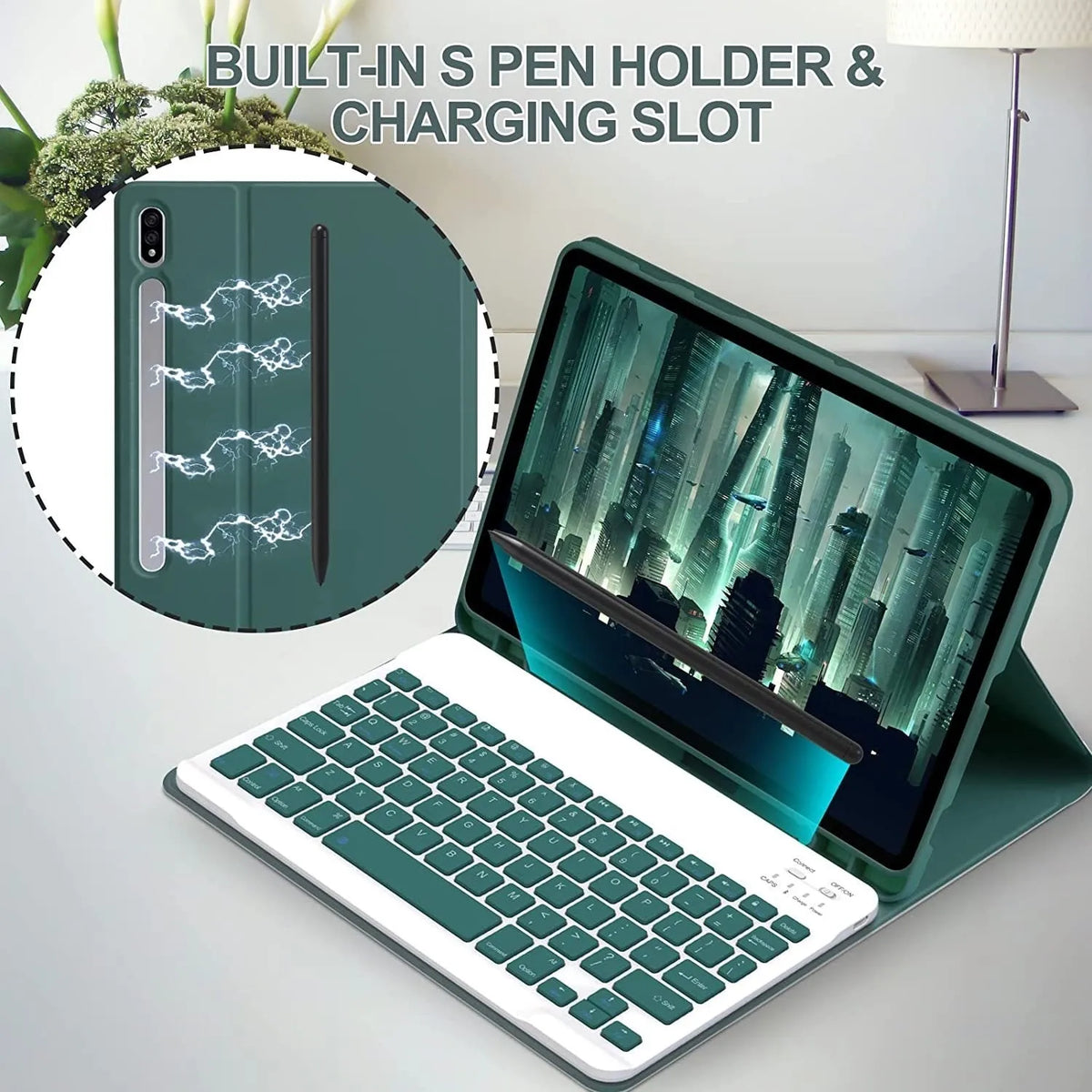 Soft TPU tablet protective case with integrated Bluetooth keyboard and separate charging mouse in Dark Green.