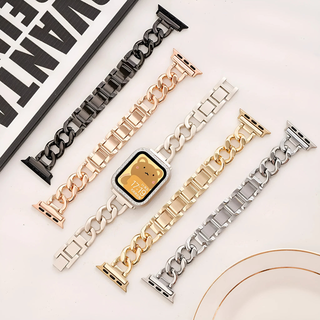 Denim chain metal watch strap for Apple Watch in silver, black, gold, rose gold, starlight colours showing 22mm lug width