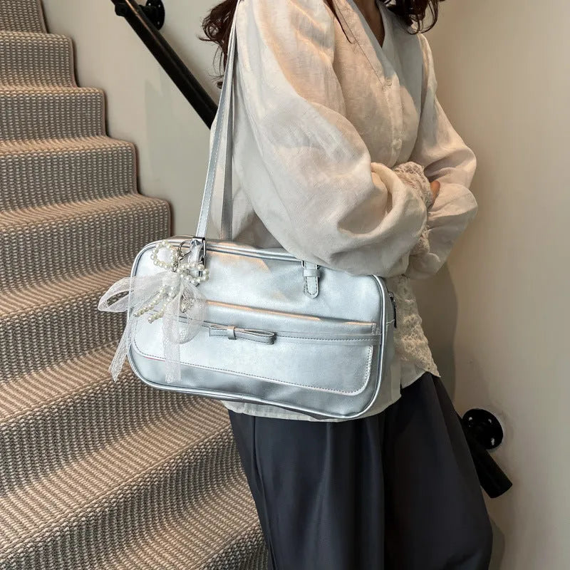 Women's horizontal square PU shoulder bag with flap and double straps in choice of colours