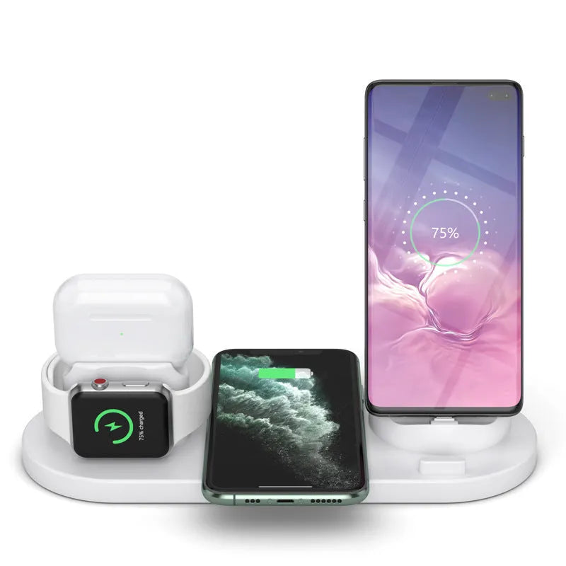 Black and white multifunctional wireless charging mobile phone holder with multiple device charging areas