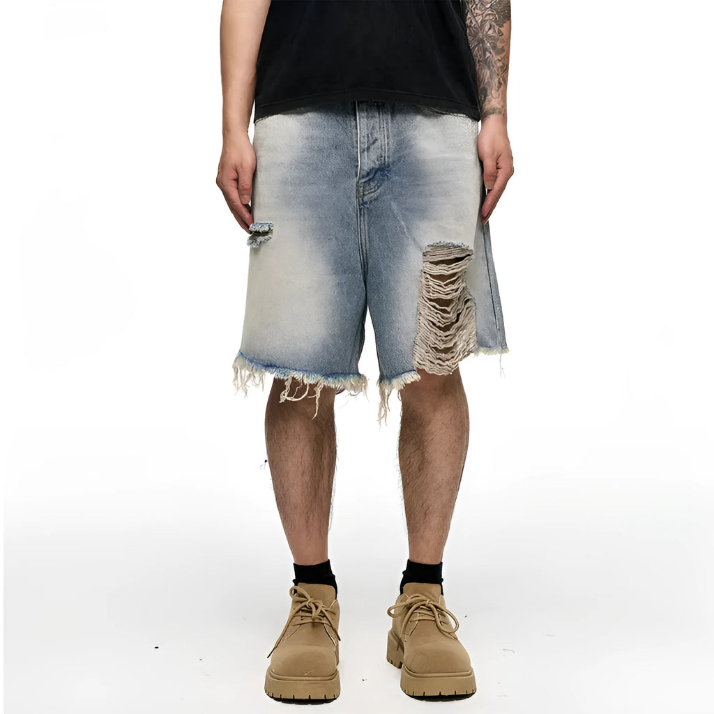 Light blue retro washed men's baggy denim shorts on a mid-waist mannequin.