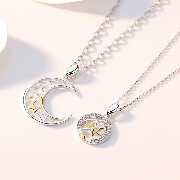 Sun and moon couple necklaces with copper pendants on cross chains, male and female colour variants