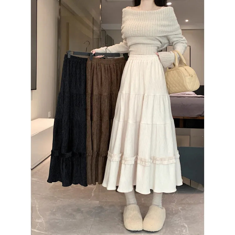 Women's corduroy A-line midi skirt with elastic waistband in milky white colour