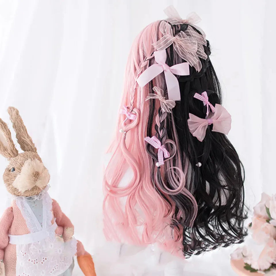 Harajuku Lolita Lo Niang long curly wig with bangs in Black Pink, high-temperature fiber cos wig for ladies