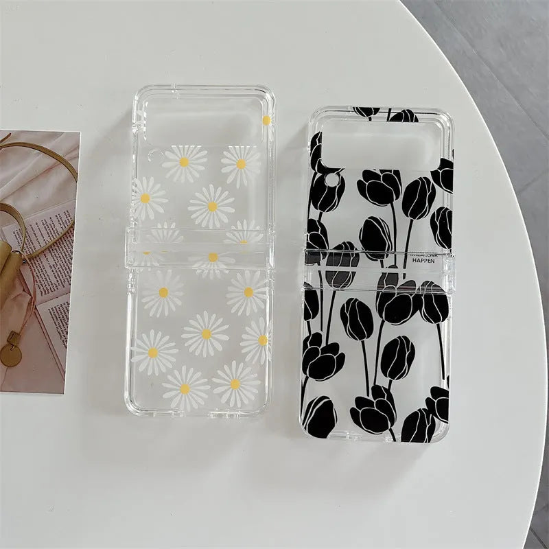 Samsung Galaxy Z Flip phone case with floral pattern on folding screen, daisy design option