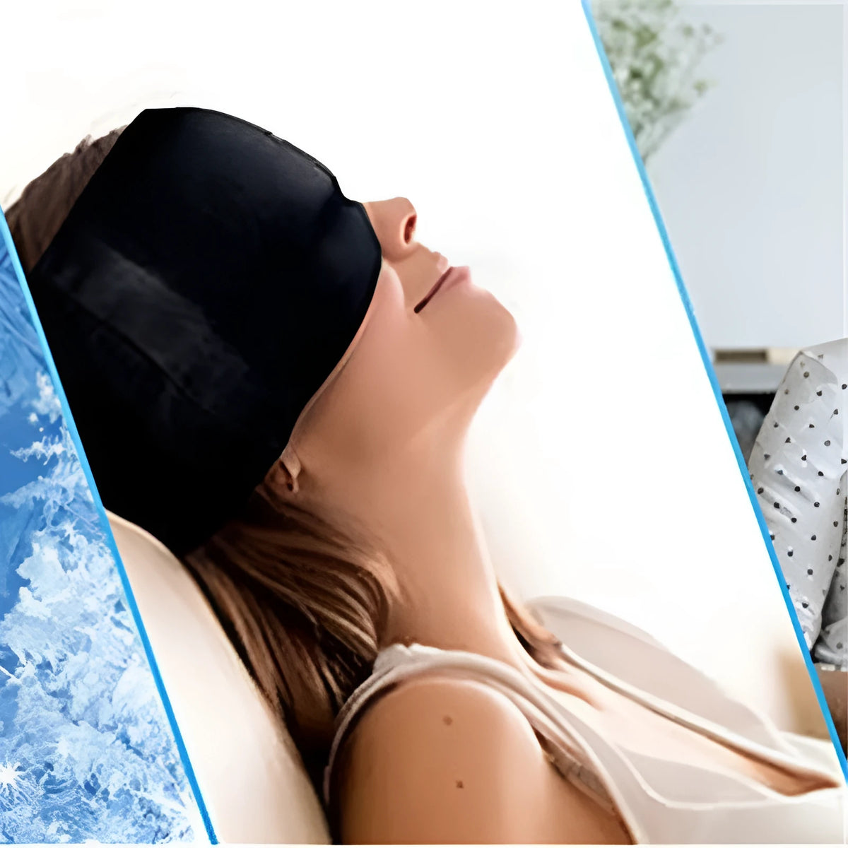 Black elastic cloth gel cold therapy eye mask for headache relief on a white background.