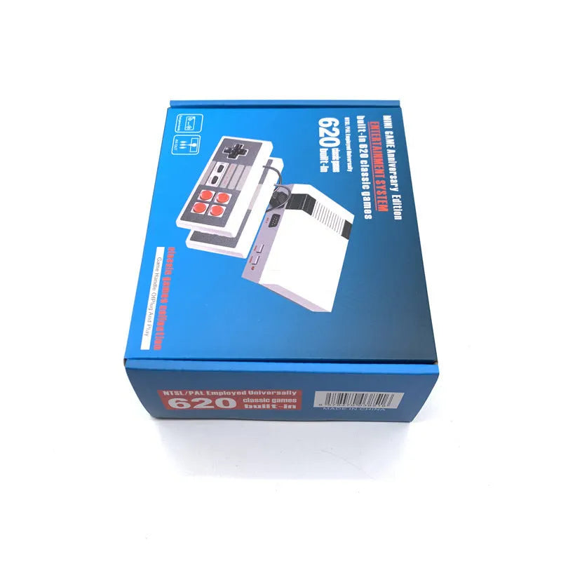 Compact black NES retro game console with two wired red button controllers on a white background.