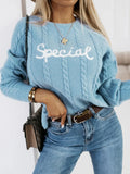 Blue men's crew neck pullover sweater with embroidered letters and numbers design