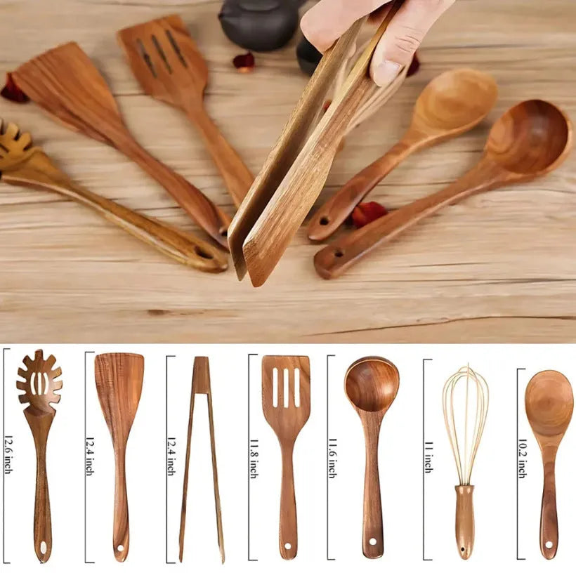 Premium wooden cooking utensils seven-piece set including spoon and spatula on kitchen counter