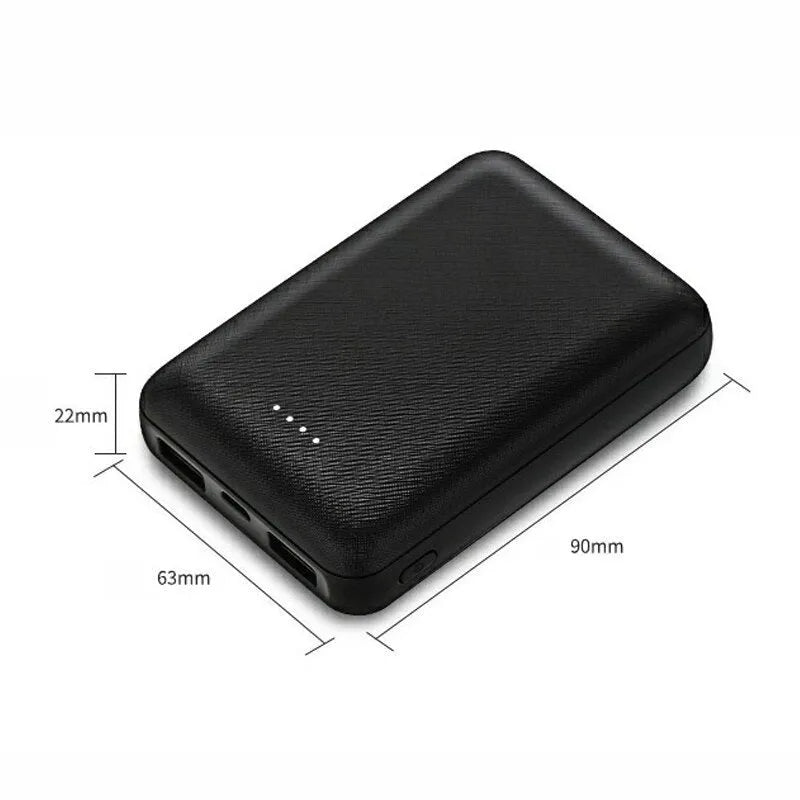 Black ultra-thin 10,000mAh power bank with multiple USB ports on a white background