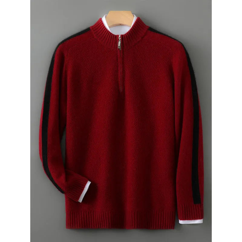 Men's slim fit half-zip wool sweater in standard wool thickness with round neck