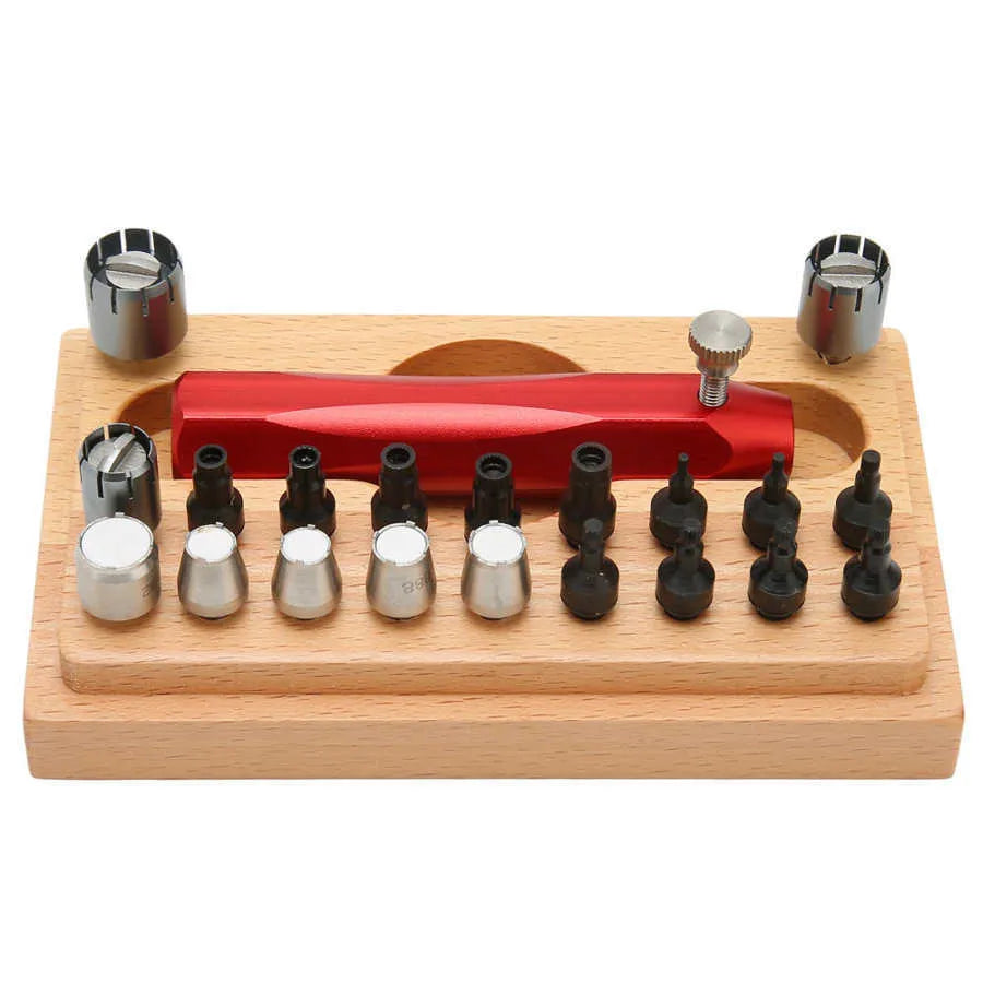 Watch repair tool set with barrel opening implements and extracting tube open tools