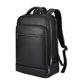 Black leather men's business computer backpack with curved shoulder straps and below 20L capacity