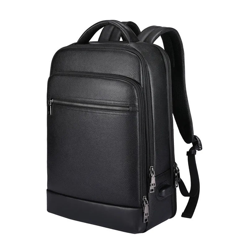 Black leather men's business computer backpack with curved shoulder straps and below 20L capacity