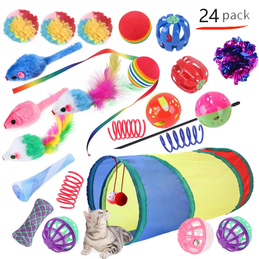 Plastic cat tunnel toy showing a channel structure, available in various colours with small random-colour accessories.