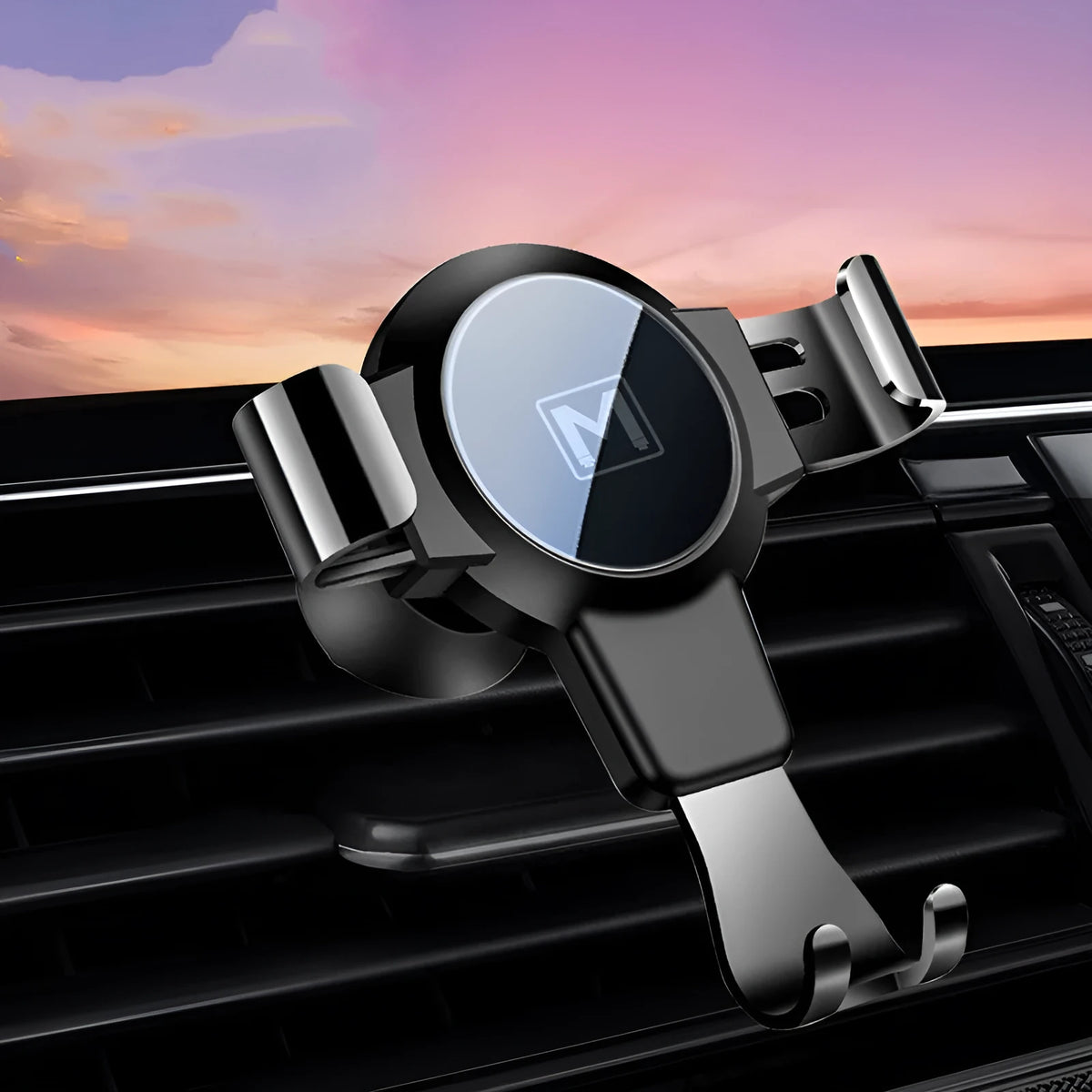 Black ABS gravity mirror phone bracket clipped onto a car air vent.