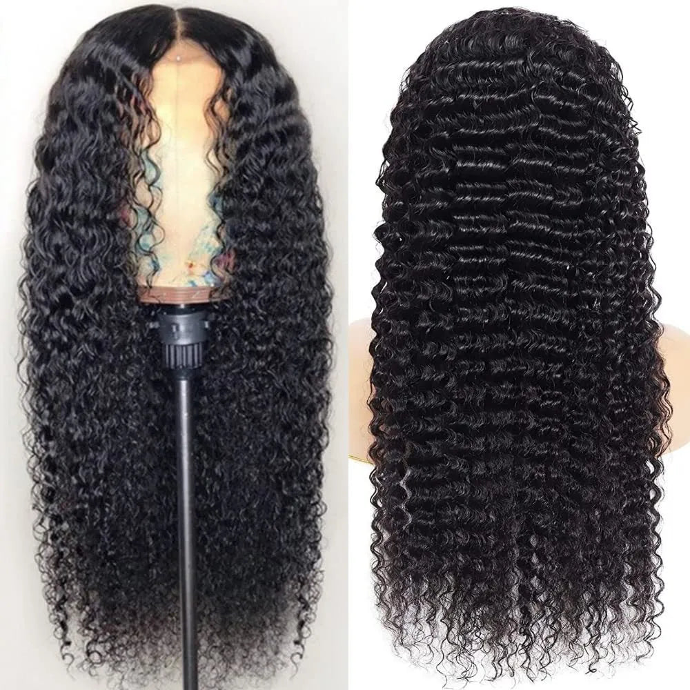 Front lace human hair wig with deep wave style, hand-woven, available in 20cm to 85cm lengths, natural look.