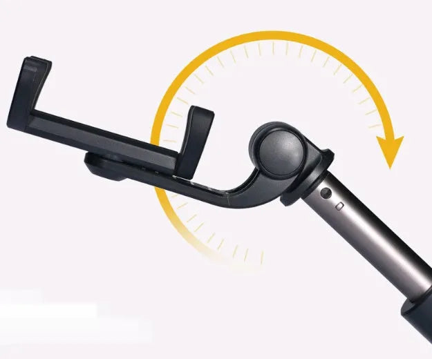 Black Bluetooth selfie stick with extended phone clamp and folded tripod legs