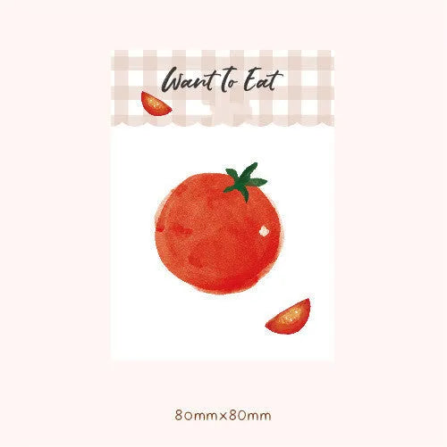 Food themed adhesive note paper pad showing bread, tomato and yoghurt designs, 85mm by 120mm sheet size