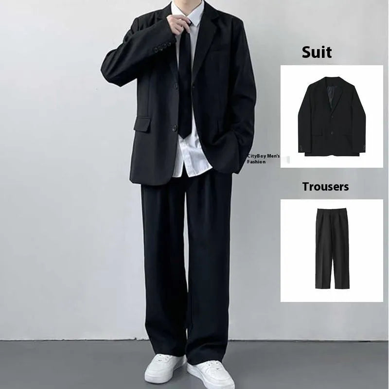 Men's plus size grey suit jacket and trousers set with white shirt and tie on a hanger