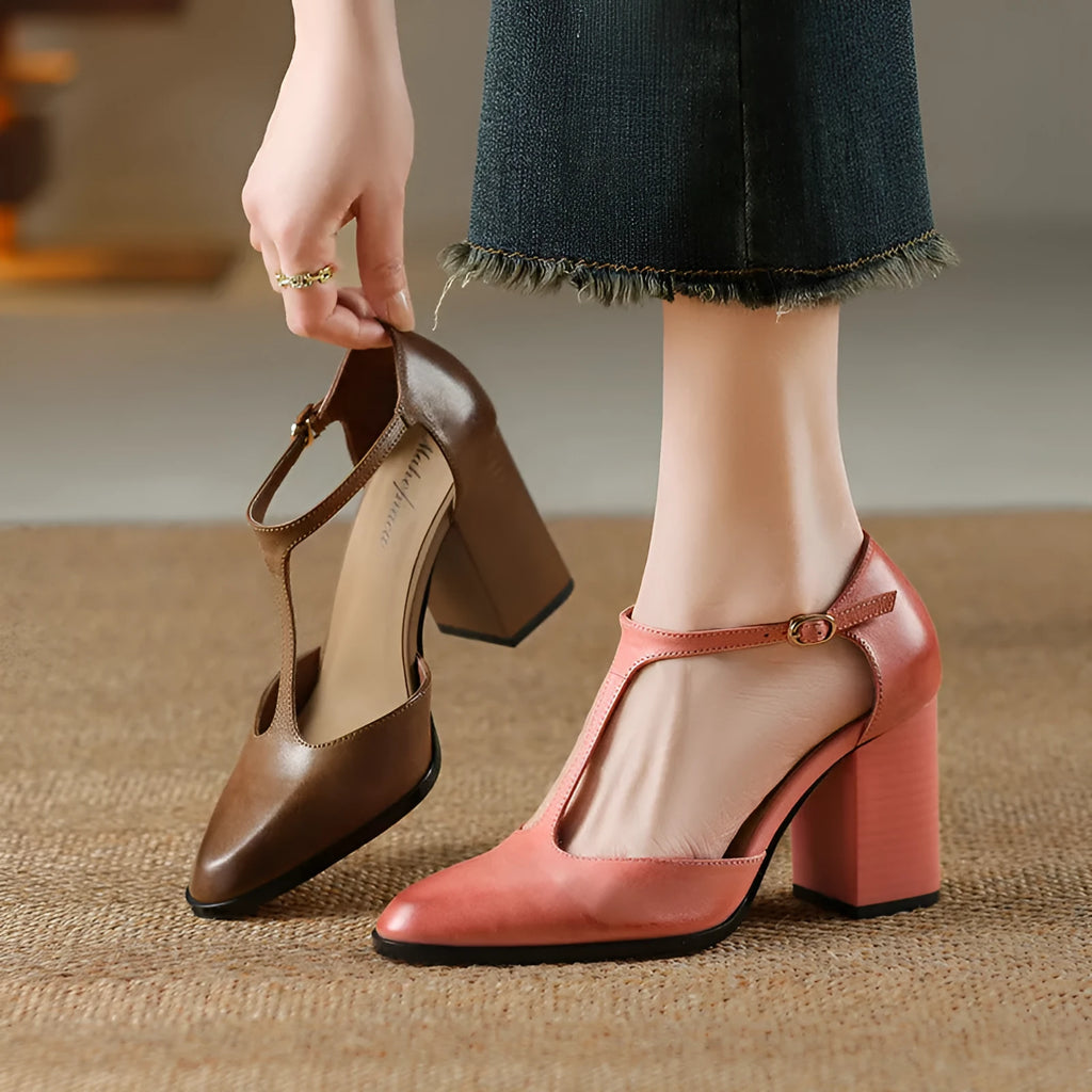 Baotou women's retro Mary Jane high heels with pointed toe and buckle in pink and dark brown.