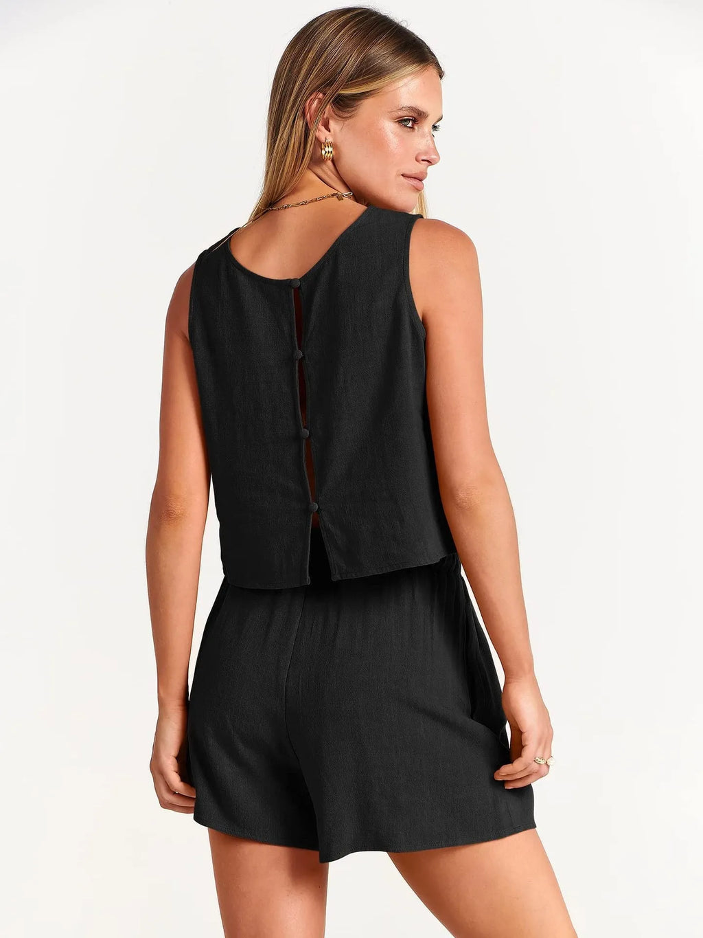 Women's summer two-piece set showing sleeveless top and drawstring shorts in rayon-linen blend fabric