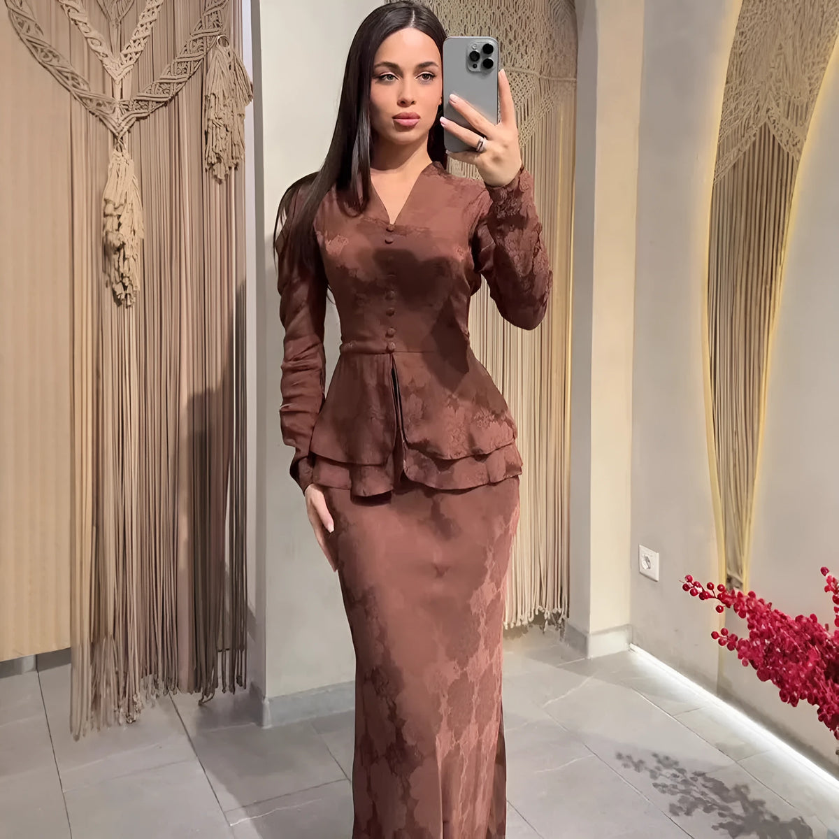 Dark brown women's long sleeve retro dress with a fake two-piece design and floral pattern.