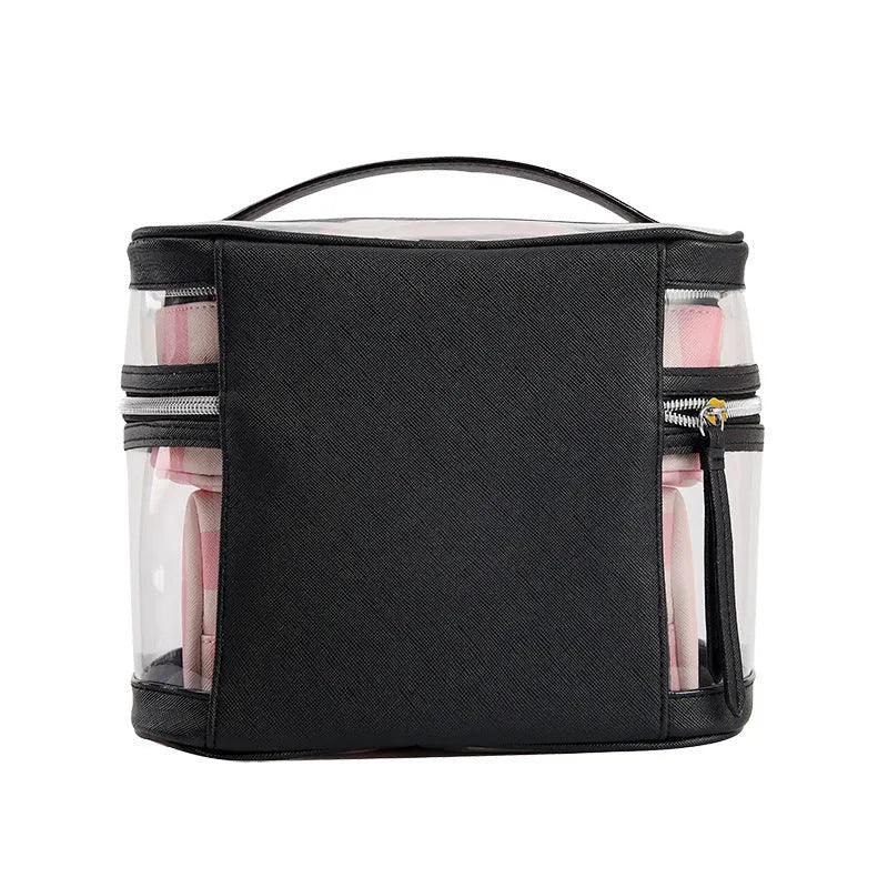 Pink bold stripe floral pattern waterproof makeup bag with folding buggy design