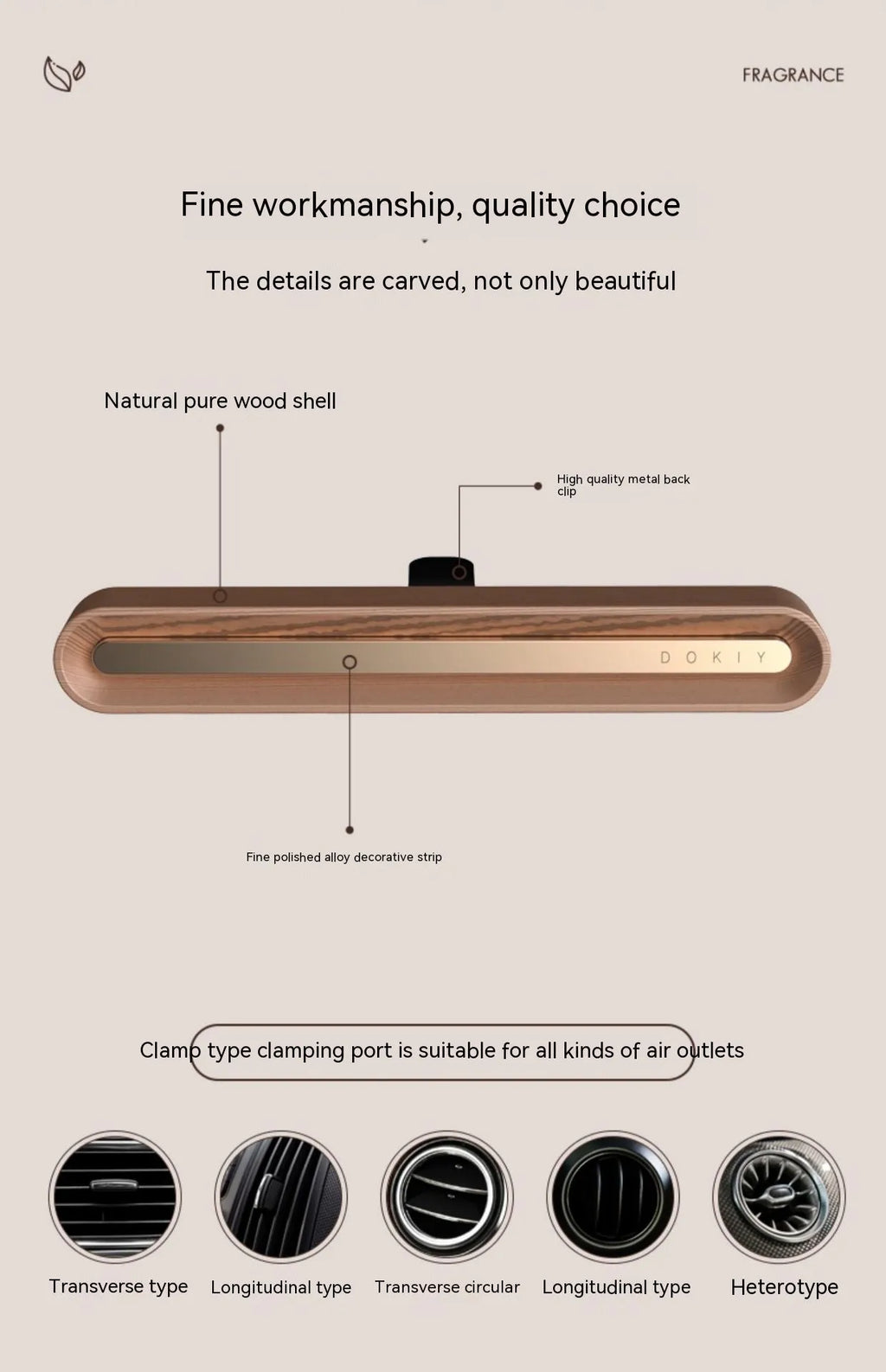 Long strip car aromatherapy ornament for air vent mounting in walnut or metallic grey finish